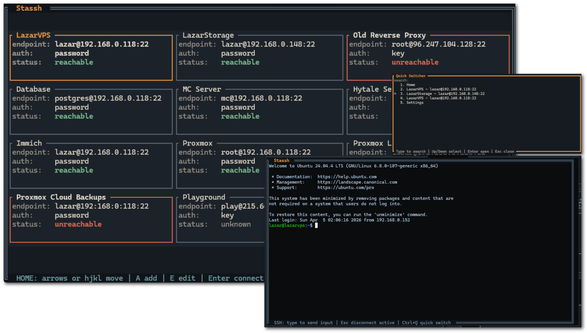 Combined Stassh product screenshots showing dashboard, prompts, and live terminal sessions