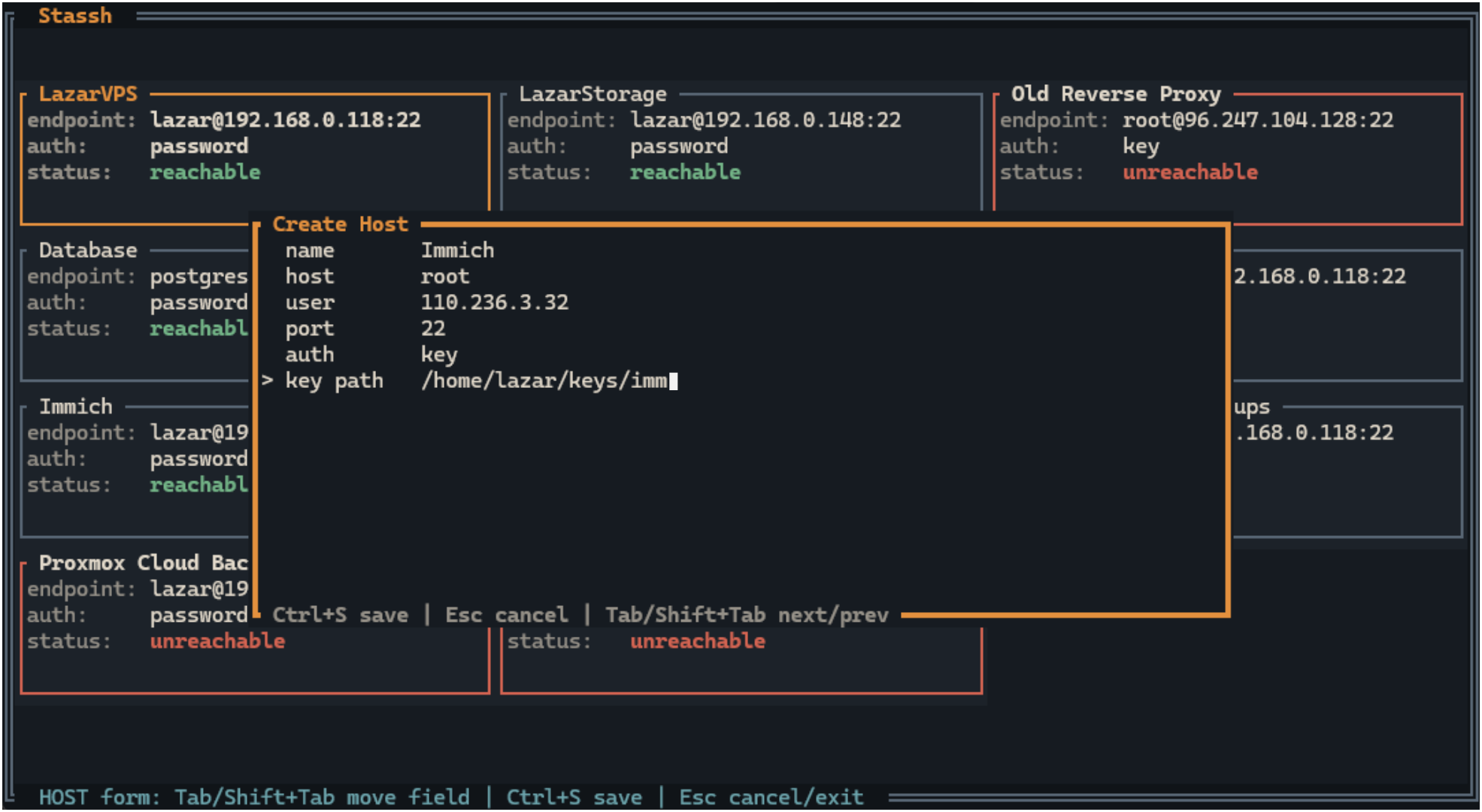 Stassh dashboard with add host popup open