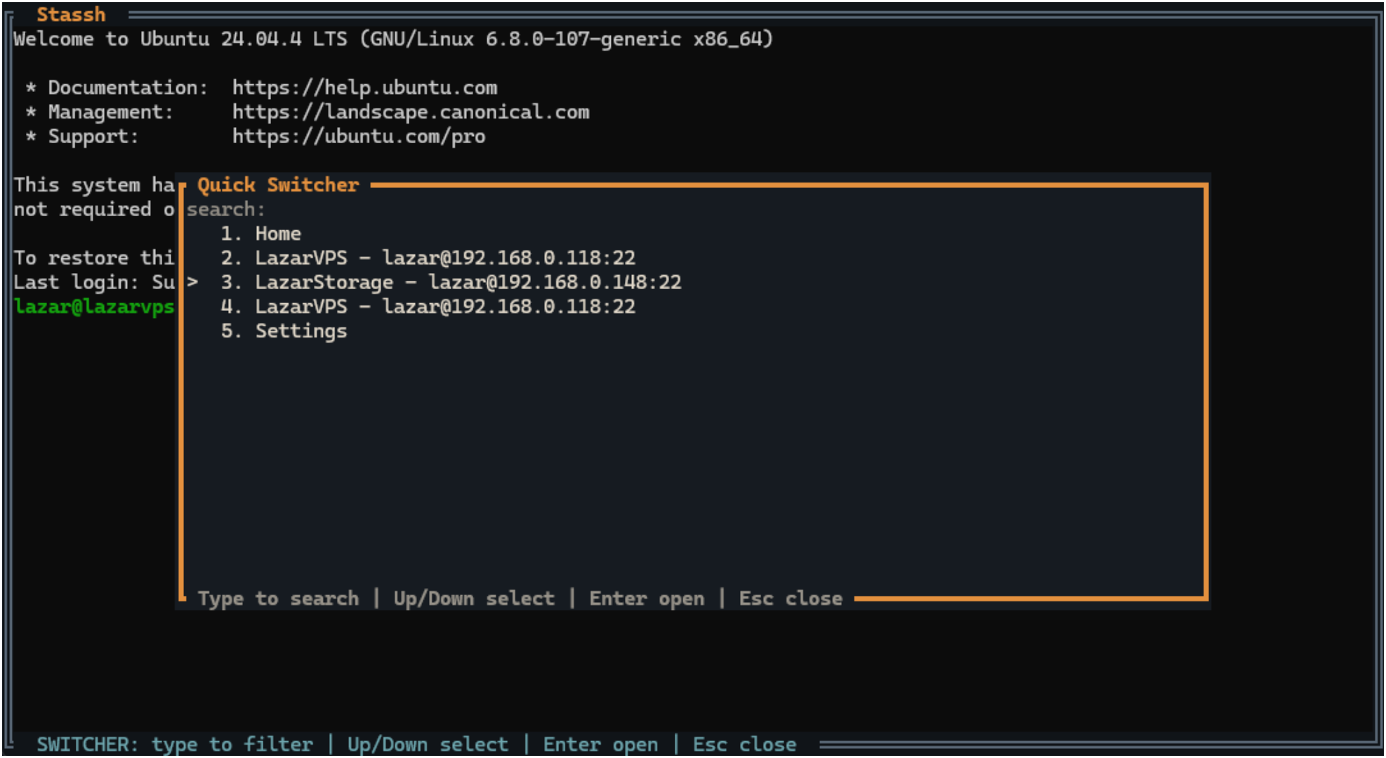 Stassh live SSH connection with quick switcher popup